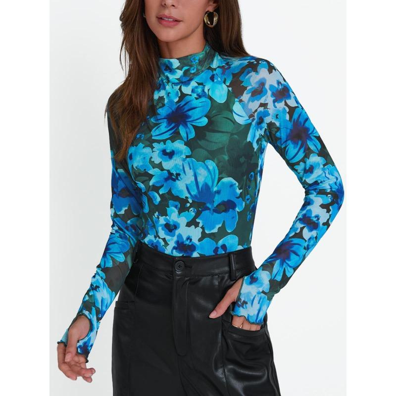 Women S Sexy Y2k Mesh Printed Long Sleeve T Shirt Half High Neck
