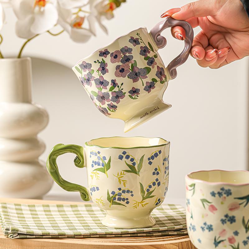 High looking Flowery and High Footed Ceramic Cup for Household Drinking Cup Pastoral Retro Couple Water Cup Office Coffee Cup