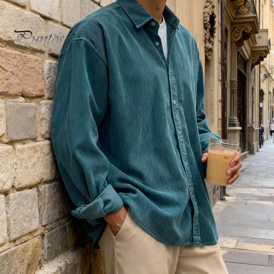 Formal Men Dress Shirt Corduroy Button Down Long Sleeve Lapel Classic Solid Loose Fit Casual Color Jacket for Work Dating Street Wear