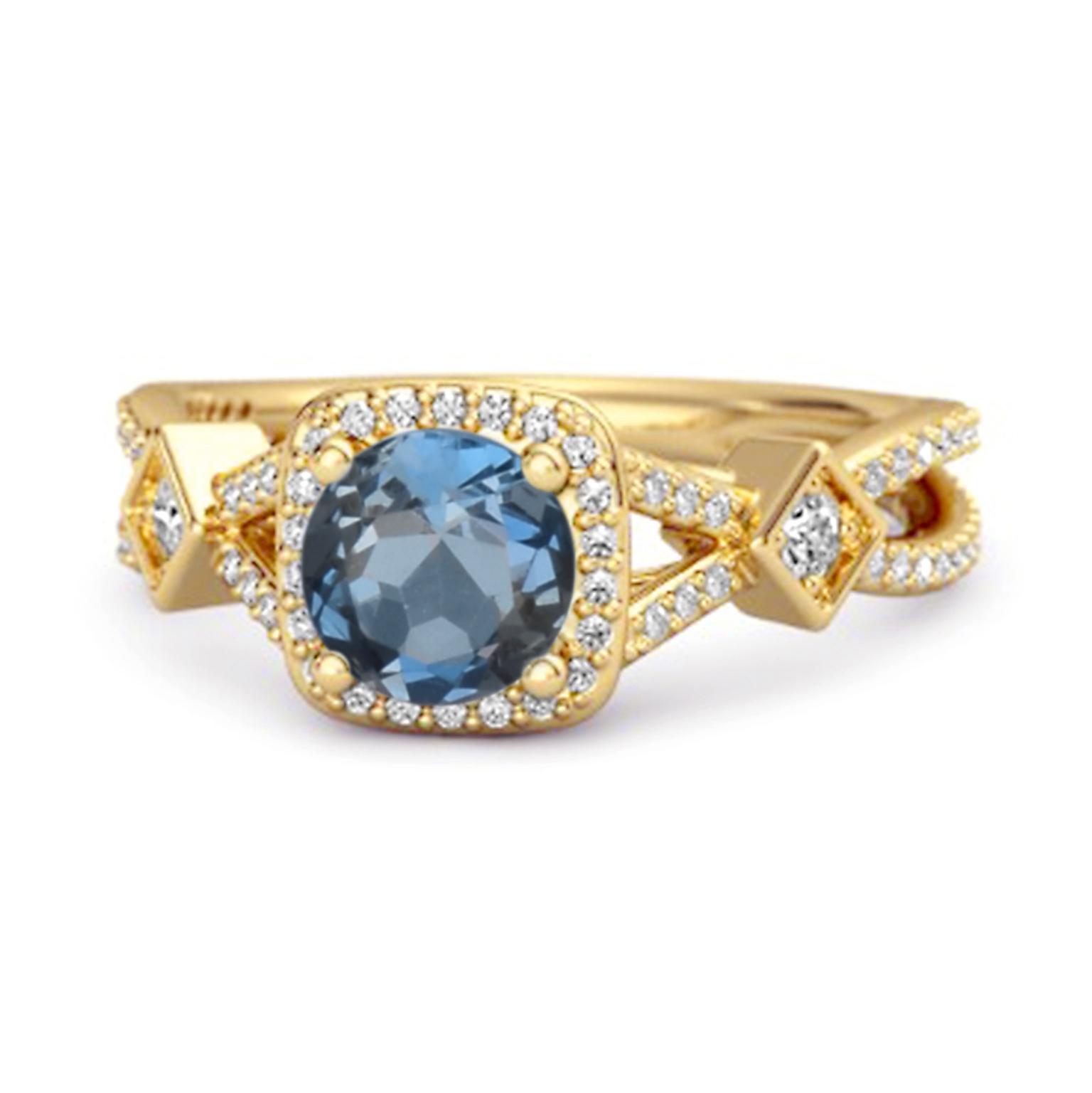 London Blue Topaz Vintage Halo Art Deco Ring - 925 Sterling Silver Gold Vermeil 8.5