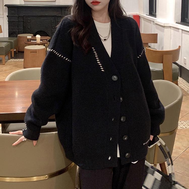 

GMXIA Женский ленивый стиль свитер кардиган куртка свободная верхняя одежда Дизайн Ниша Осенние и зимние топы Трикотаж One size чёрный