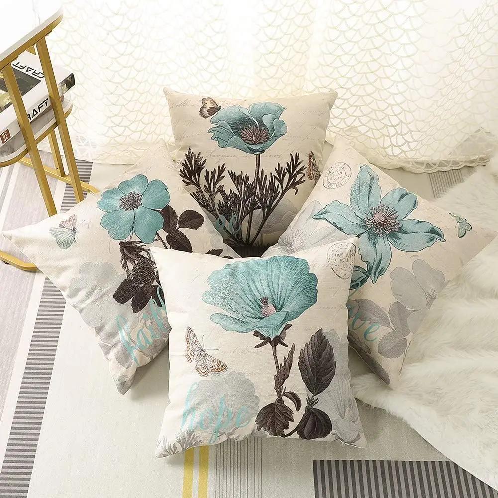 4PC Linen Cushion Cover for Home Decoration, Sofa, Bedroom, Car Pillow Cover (blue Flower, 40x 40)