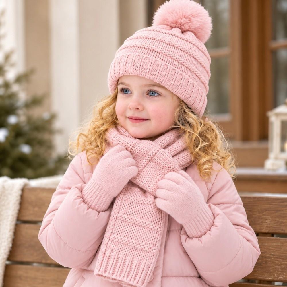 3Pcs/Set Pom Pom Knitted Scarf Gloves Set Soft Cozy Winter Hat Scarf Gloves Kit 2-5Y Baby Kids
