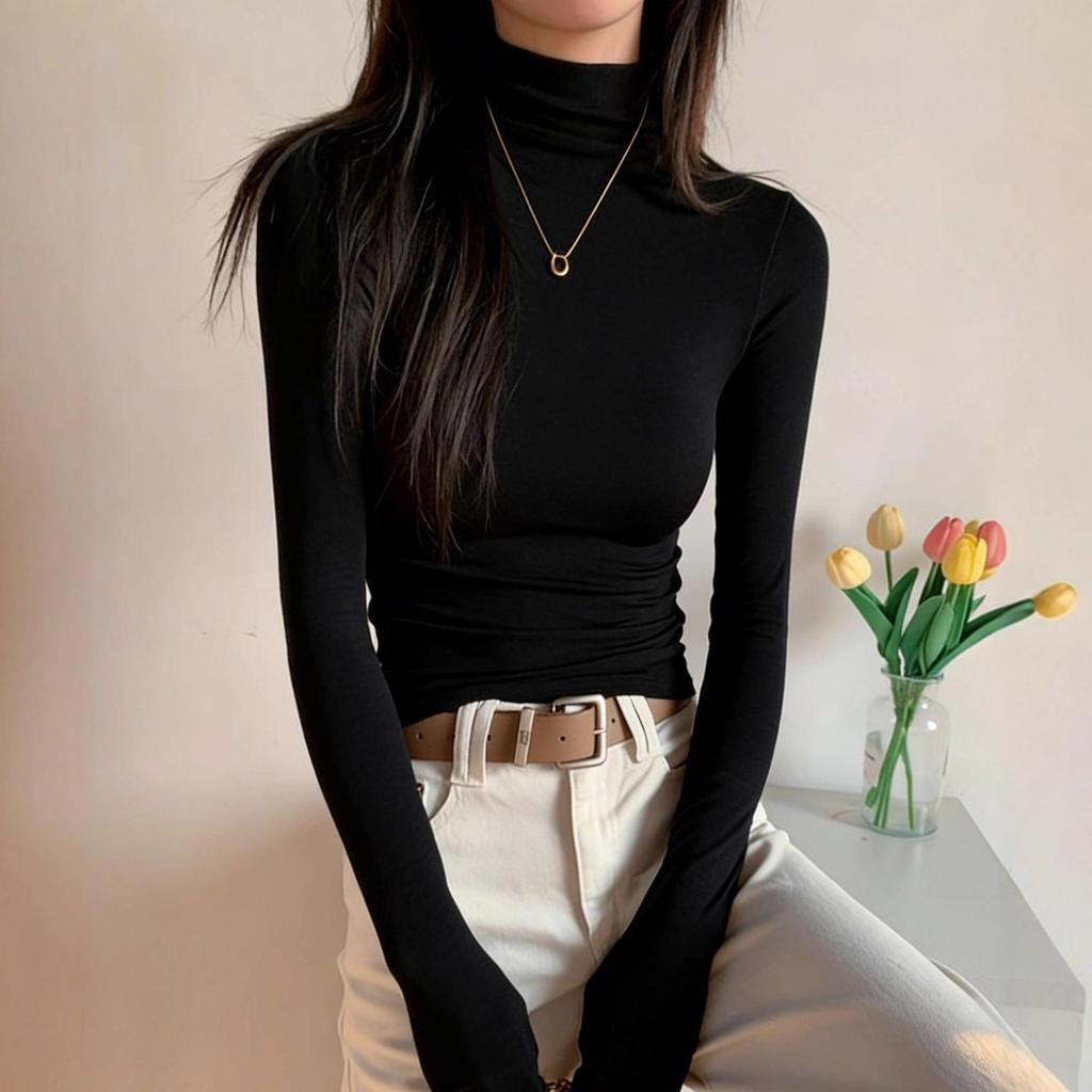 Women's Retro Ribbed Long Sleeve Turtleneck Base Layer Shirt for Autumn/Winter