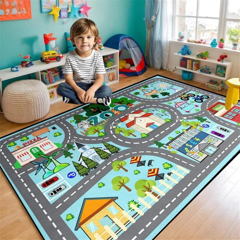 

Міське життя Дитячий автомобільний дорожній килим Освітній килимок для гри з дорожнім рухом з супермаркетом, поліцейською машиною, для дитячої спальні, ігрової кімнати 40x60cm