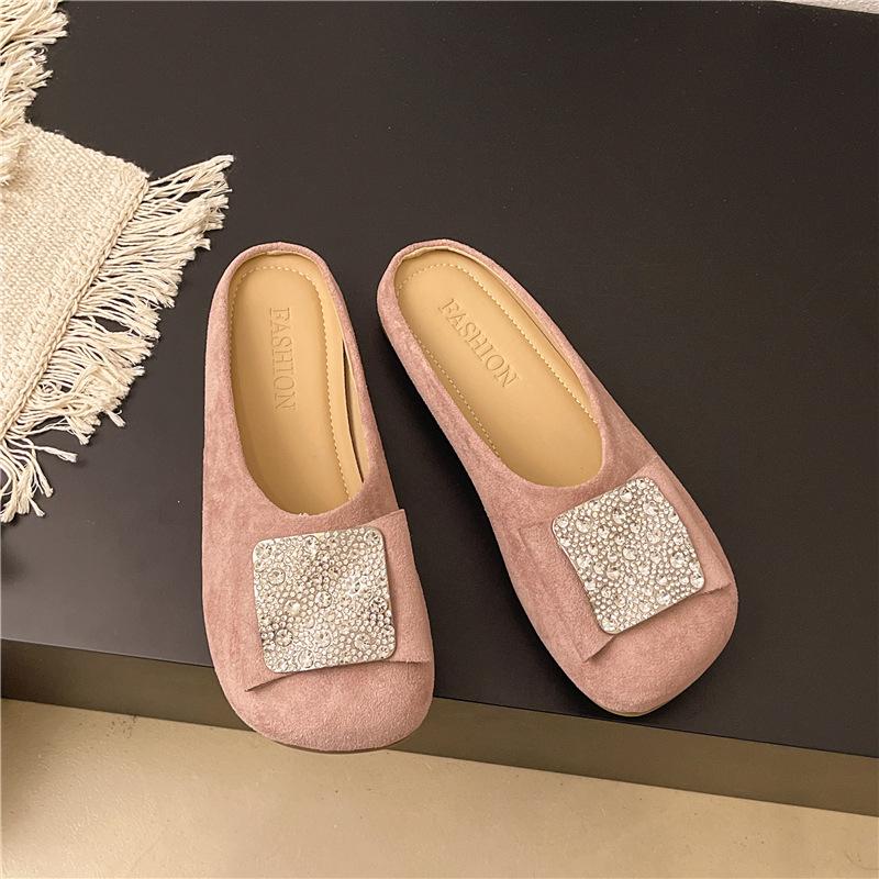 Baotou half slippers women's outer wear summer new one pedal with skirt rhinestone flat bottom sandals