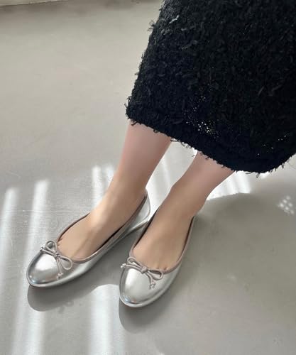 Ballet flats, pumps for women, cushioned, flat, round toe, ribbon, large and small sizes, cute and stylish, black, R-4006