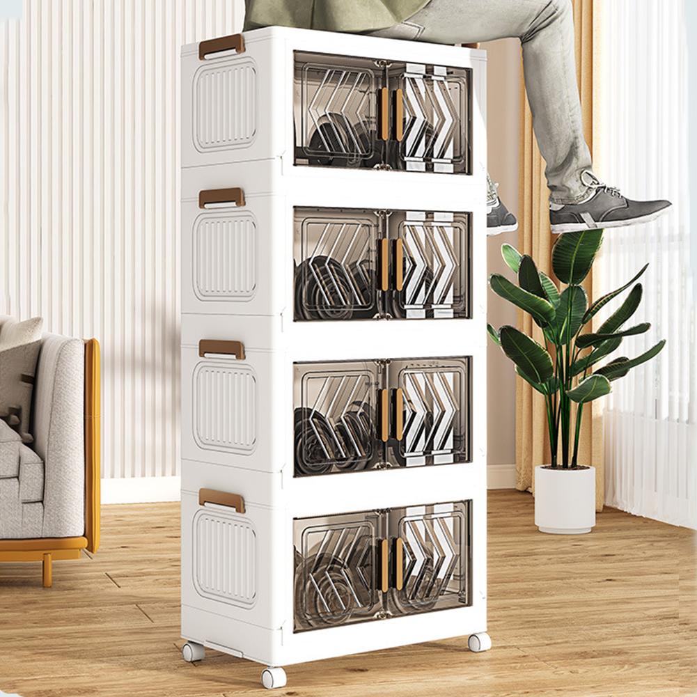 4 Tier Stackable Storage Bins with Lids with Doors & Wheels Plastic Storage Containers Plastic Storage Box for Home Office Dorm