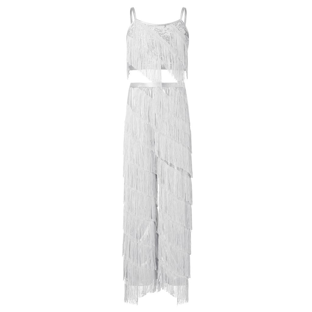 Completo da ballo latino per bambina con pantaloni metallizzati, spalline sottili regolabili, canottiera e frange