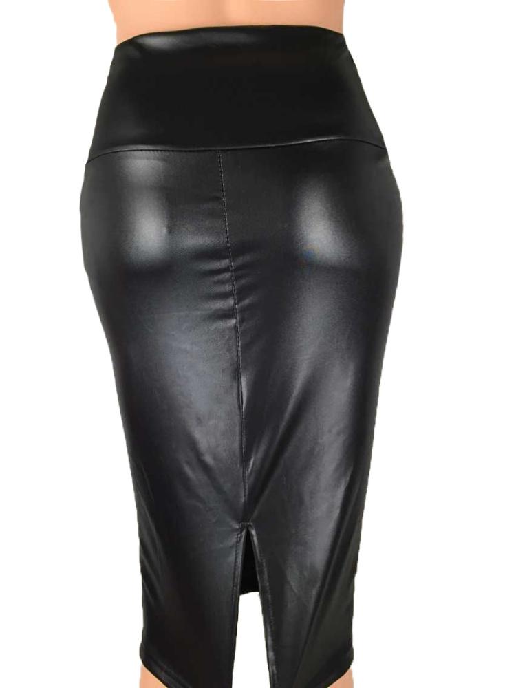 Vintage Matte Color PU Imitation Leather Back Split Skirt Women High-waist Slim Midi Skirts Office Lady Bodycon Skirt Club Party