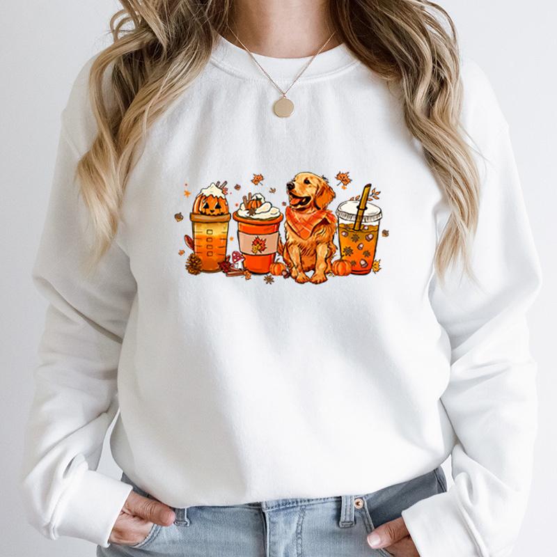 Fall Pumpkin Coffee Golden Retriever Print Sweatshirts Autumn Winter Long Sleeve Round Neck Pullovers Casual Hoodless Sweatshirt