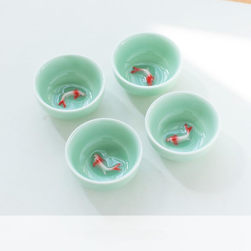 DAVBIR Boutique Tea Cup Ceramic Celadon Small Fish Tea Bowl (1.52Oz) (45ml) (6 Mix and Match)