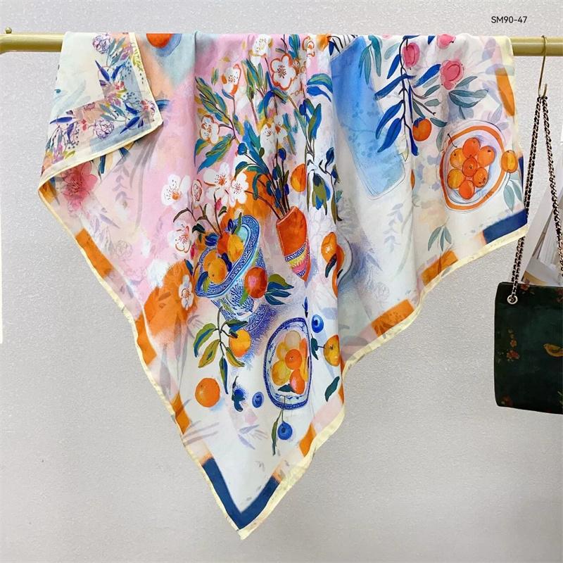 Double-Sided Faux Silk And Wool Printed Scarf For Women Spring And Autumn 90Cm Square Scarf Foulard Bandana Femmel Headscarf