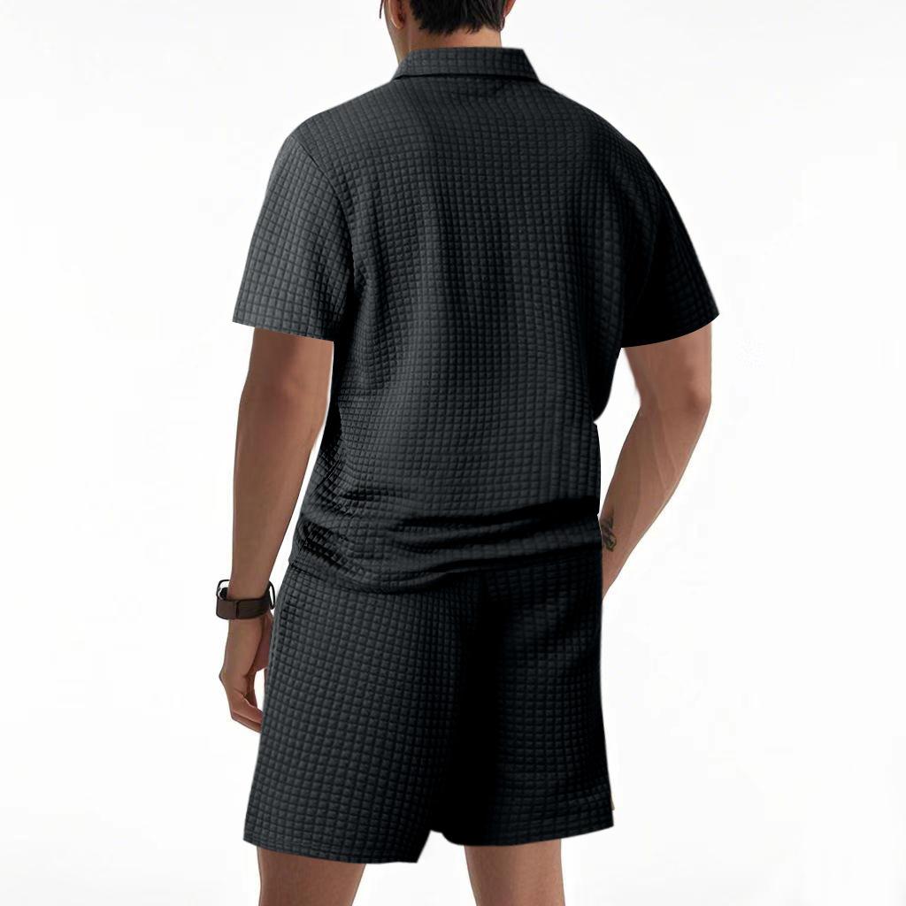 Summer Men’s Short-Sleeved Set: Jacquard Small Check Loose-Fit Casual Polo Shirt Set for Men