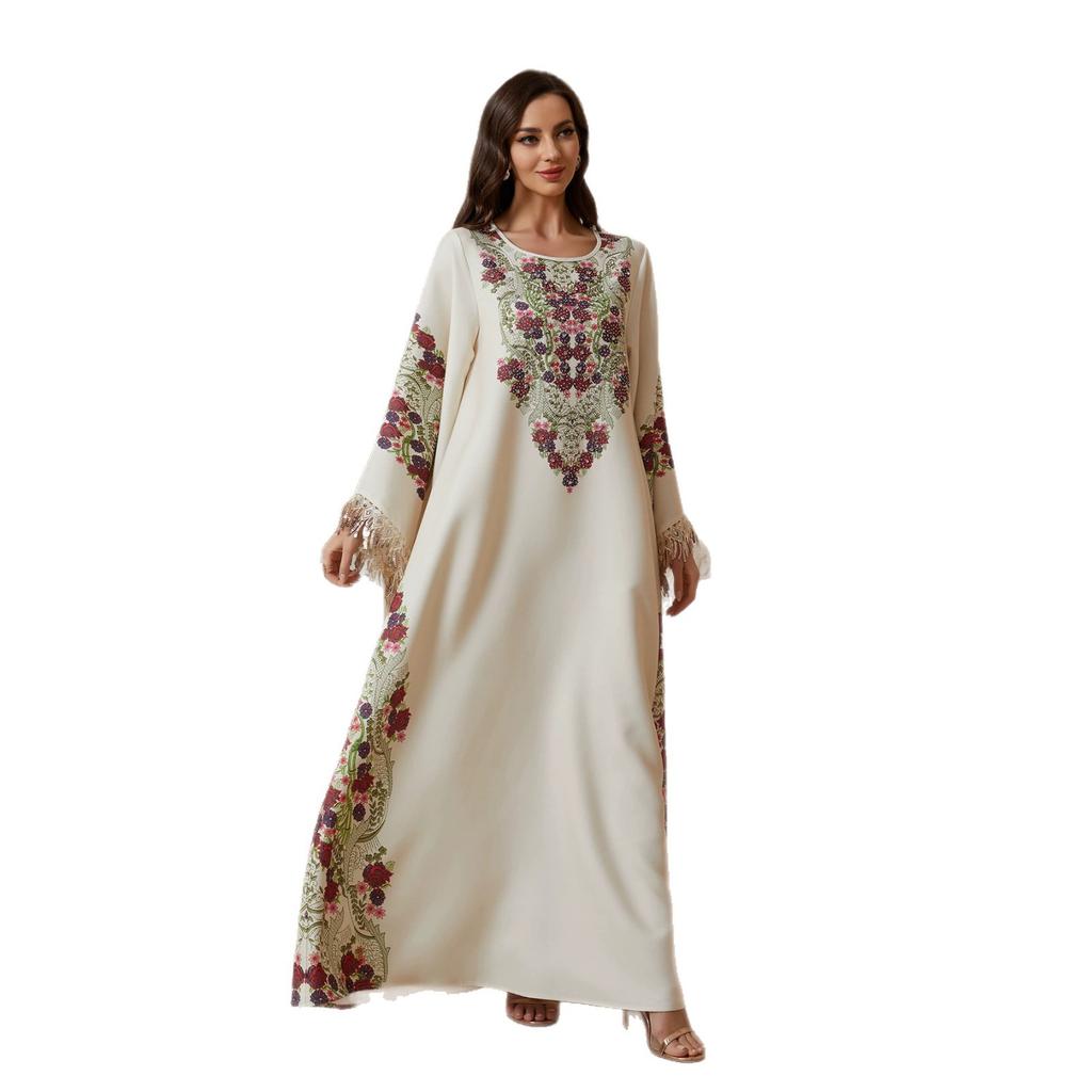 Womens Ethnic Floral Embroidered Maxi Dress Long Sleeves Crew Neck Fringe Detail Resort Wear Abaya