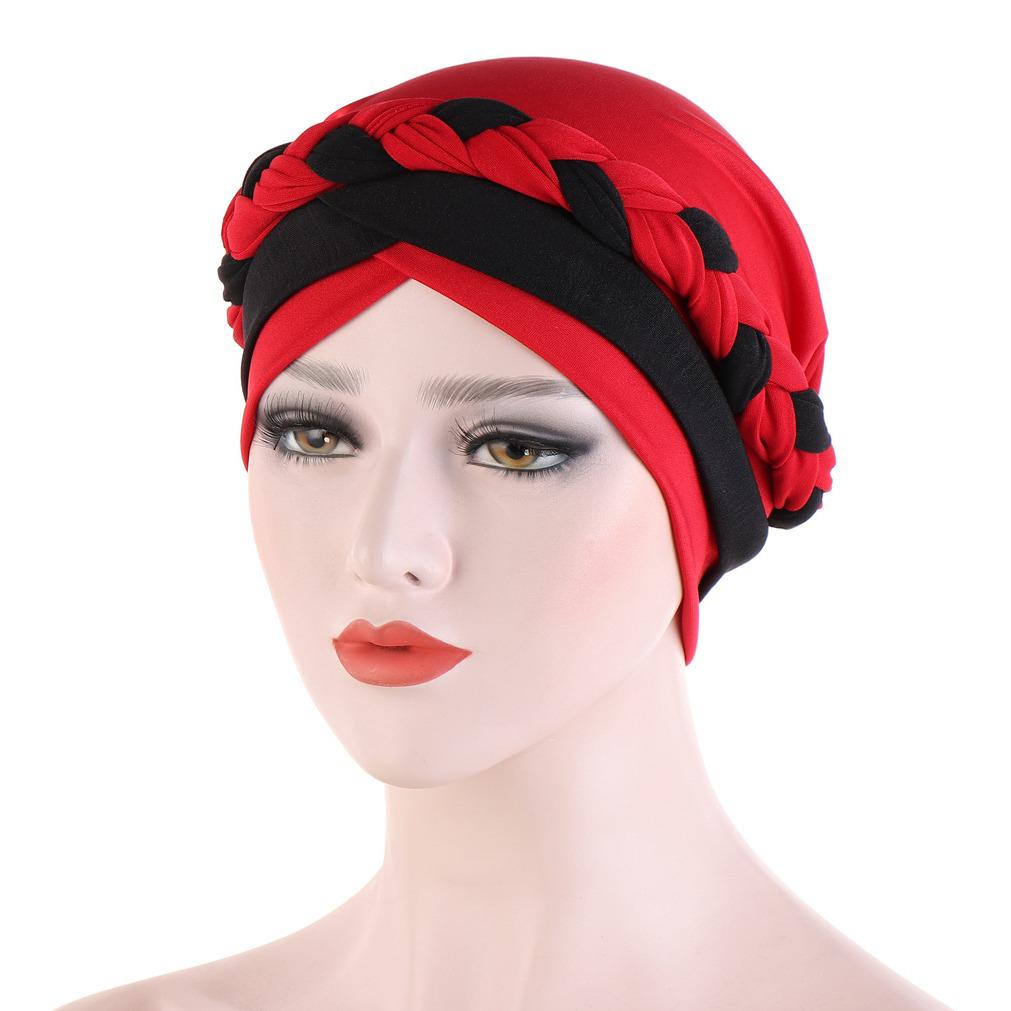 Two-Tone Patchwork Milk Silk Bandana Hat with Short Braid and Hidden Hair Wrap for Muslims