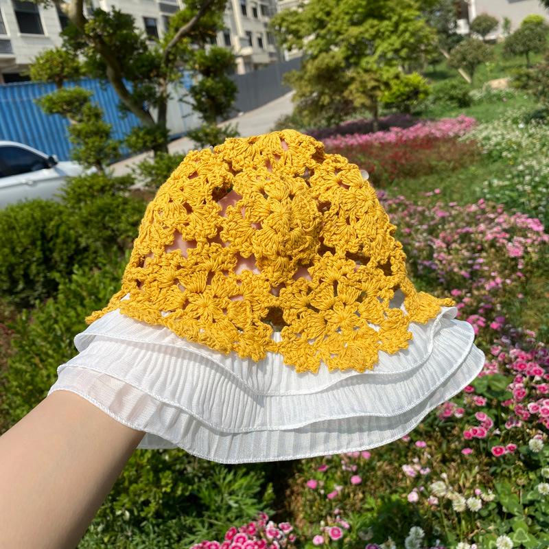 Fashion Woman Lace Knit Hollow Bucket Hats Crochet Thread   Flower Cute Girls' Sweet Romance Sunshade Knitted Breathable Hats