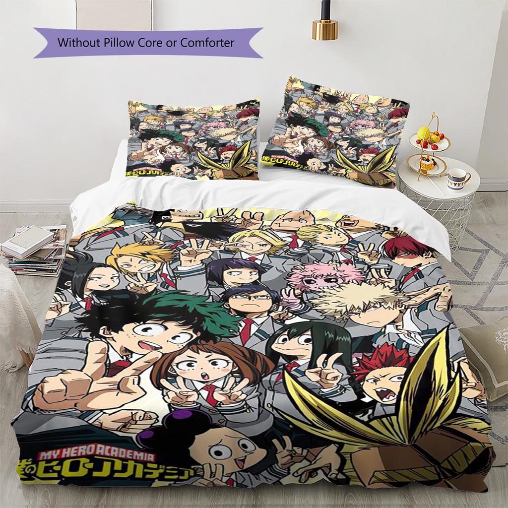 Anime Hero Academia Pattern Bedding Set Quilt Cover Pillowcase Home Decor Gift (1 * Duvet Cover + 2 * Pillowcase, Without Core)