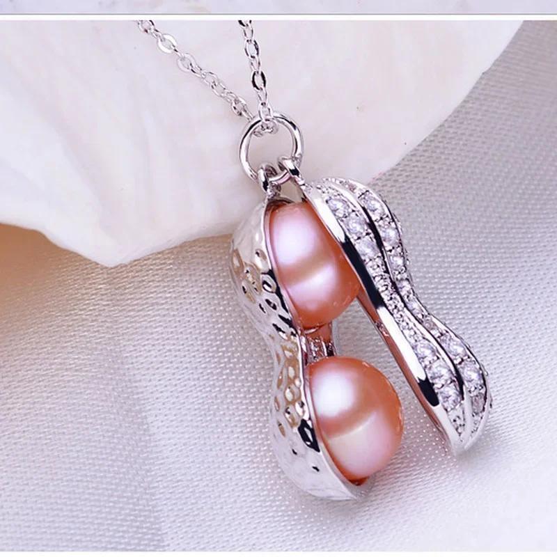 Multi-Color Plated Peanut Shaped Pearl Pendant Necklace For Women - Zircon Inlaid Cute Nut Design Chain Jewelry