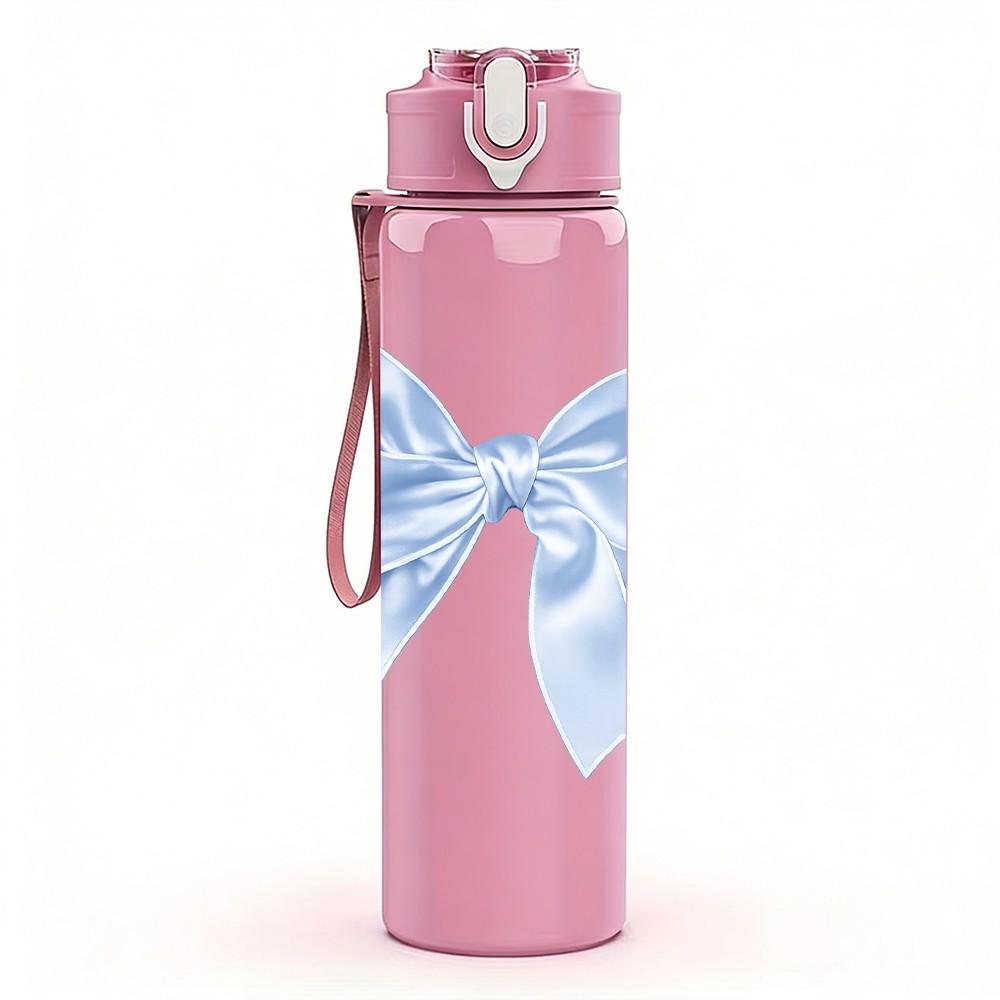 1PC Light Blue Satin Bow Decor Print 750ml Color Plastic Sports Water Bottle Leakproof Flip Straw Lid Suitable for Sports Office Home Use