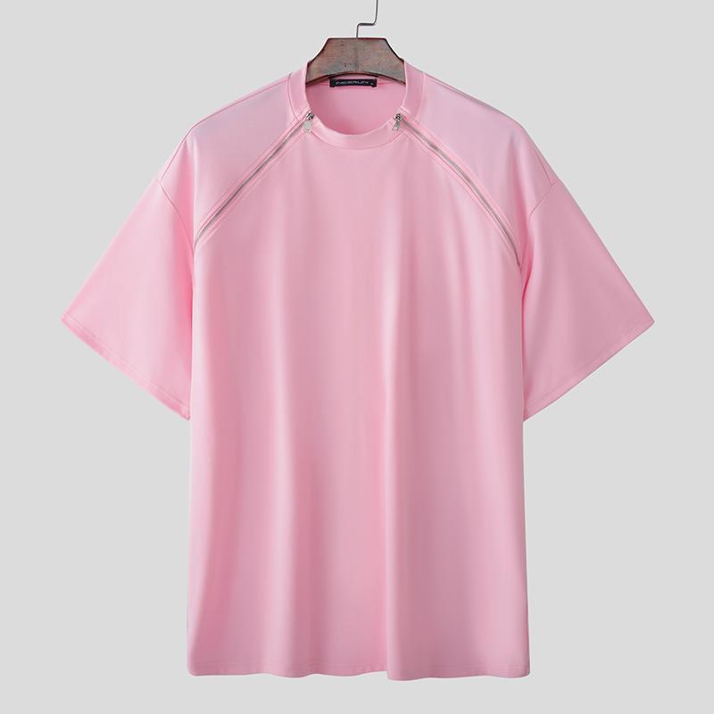 

INCERUN Summer Oversized Men Short Sleeve Side Zip-up Casual Loose T-shirts