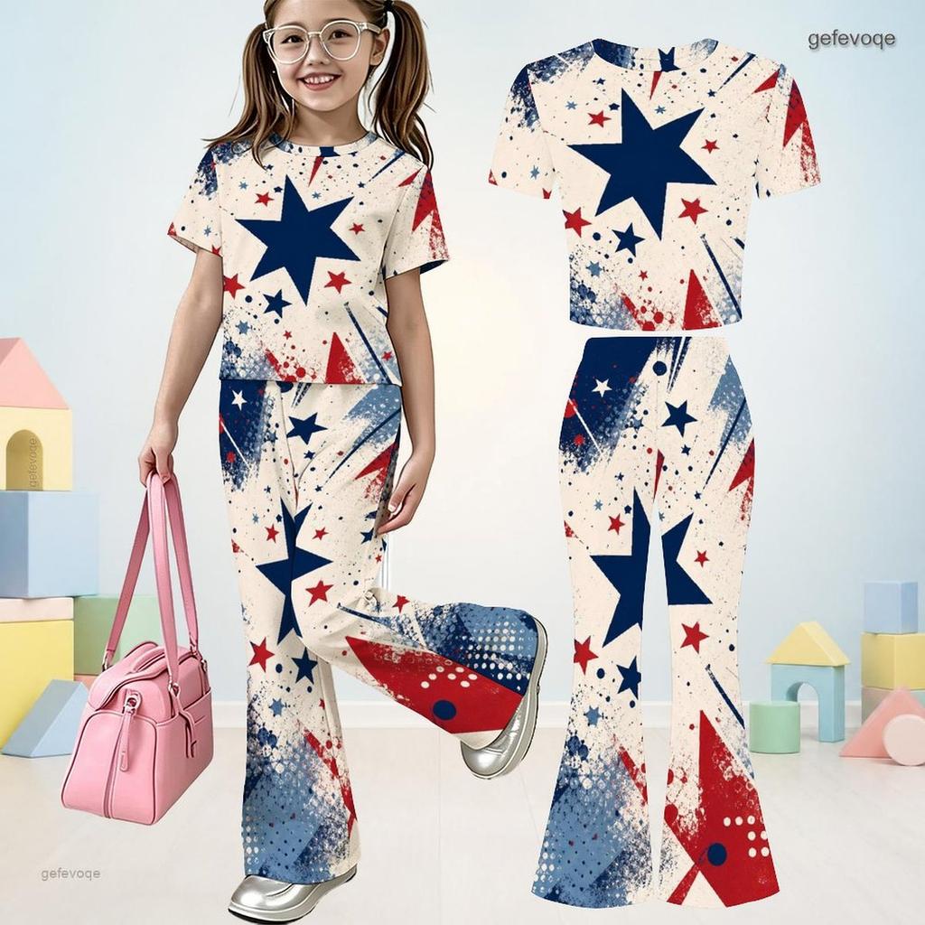 Girls Abstract Printed Round Neck Short Sleeve Top Flared Pants Two Piece Set