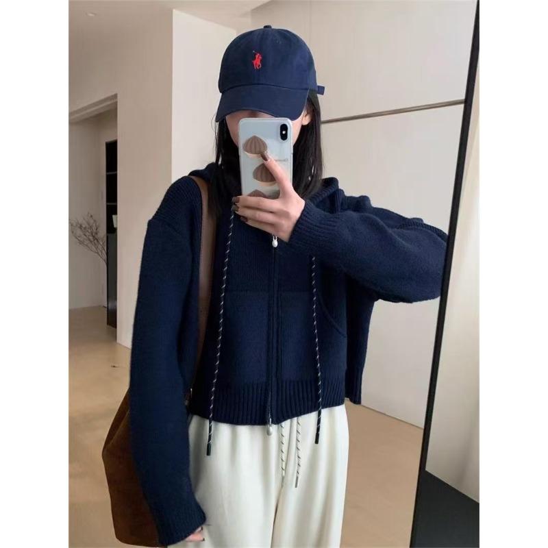 New Short Casual Pocket Design Double Zipper Long Sleeve Drawstring Hooded Knitted Cardigan Top Women