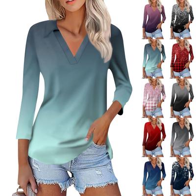 Women's Summer Fashion Casual Printed V-Neck Seven Sleeve Shirt Top