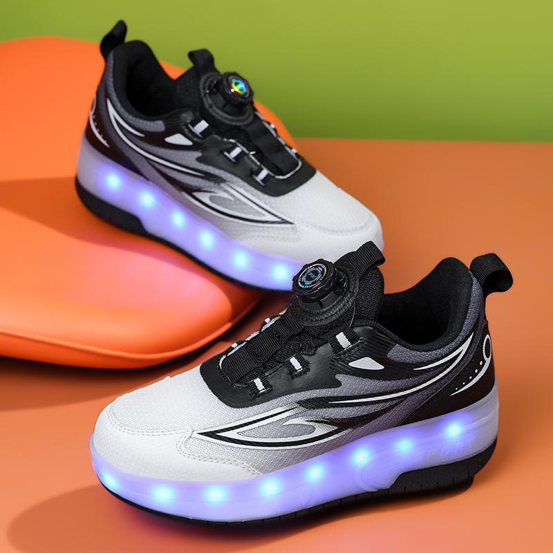 Barn Tvåhjuliga Dubbelanvändning LED Uppladdningsbara Lysande Rullskridskor Dubbelradiga Heelys Skor Rullskridskor