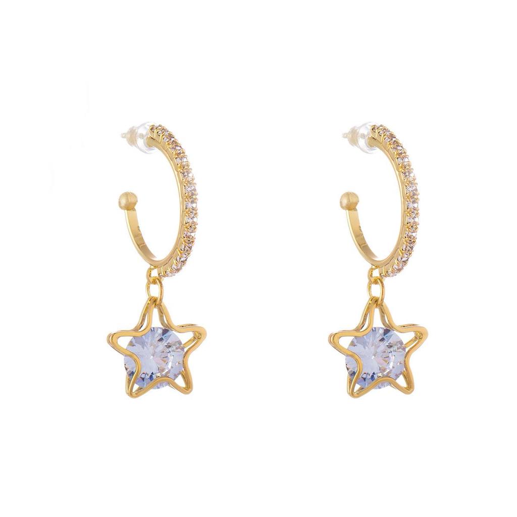 Elegant High-End Five-Pointed Star Silver Earrings with Hollow Diamond Inlay for Women