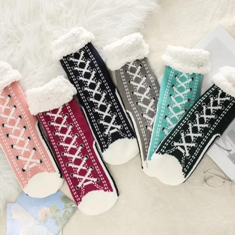 1Pair Striped Floor Sleeping Socks Plush Snow Socks Casual Slipper Sock  for Woman Girls