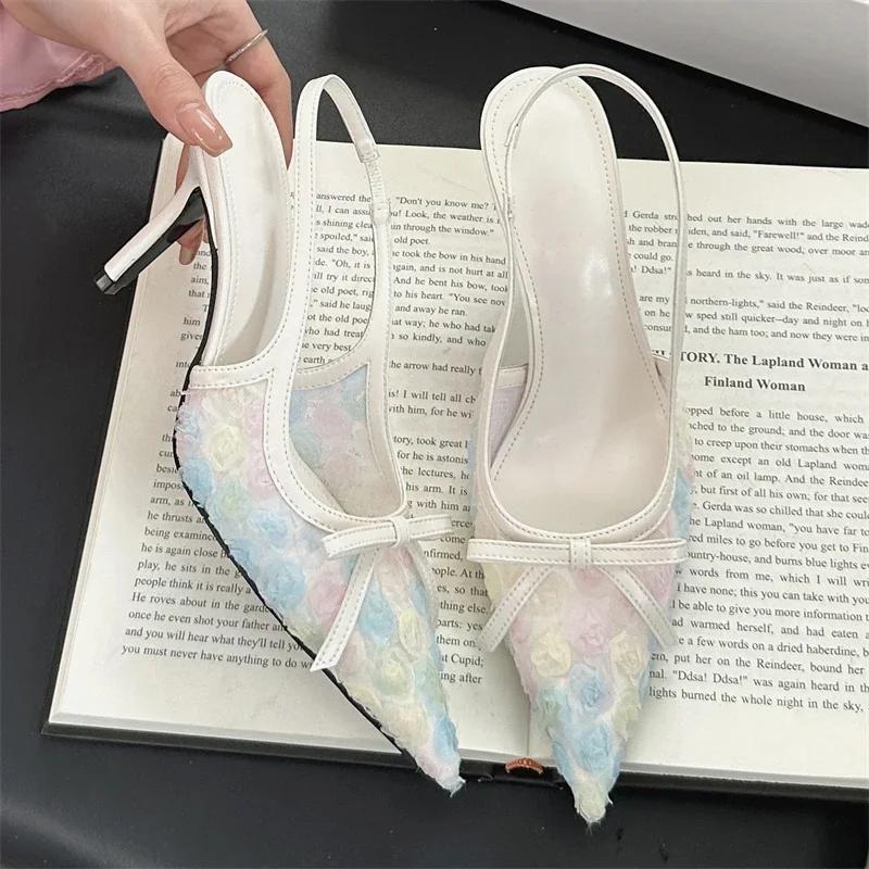 Fashion New Embroidery Flower Bow Design High Heels Women Sexy Pointy Toe Slingbacks Heeled Sandals Summer Elegant Party Dress Shoes