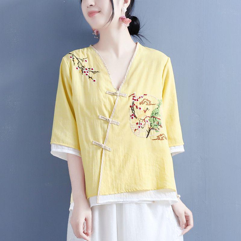 Women's Ethnic V-Neck Embroidered Cotton-Linen Cardigan Top and Mid-Sleeve Tea Dress