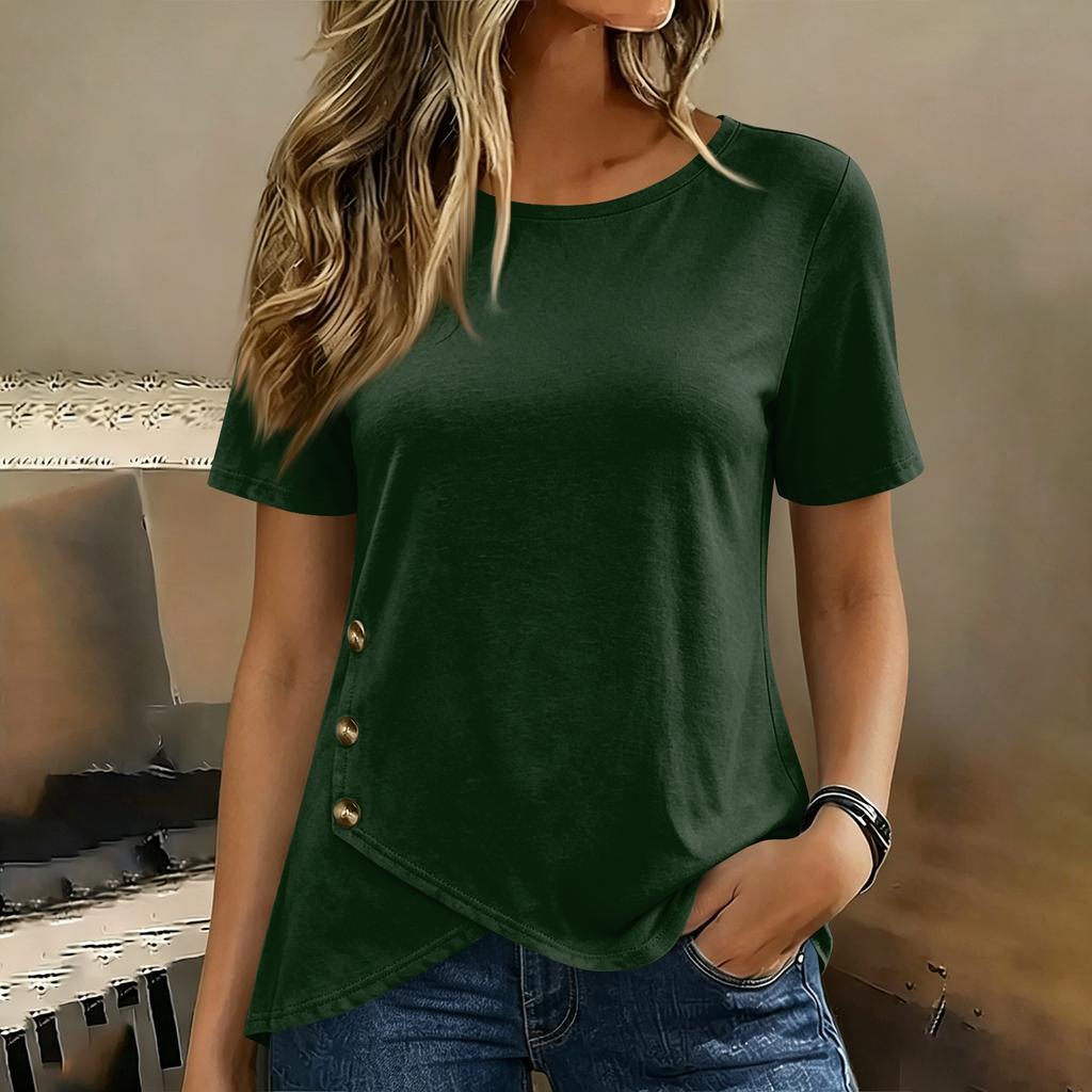 Women's Solid Color Short Sleeve Crew Neck T-Shirt with Button Detail Casual Lightweight Top for Everyday Wear