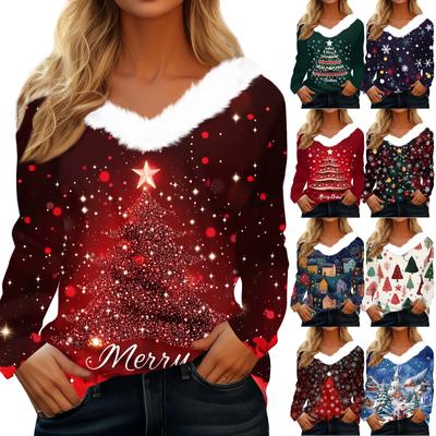 Women's T Shirt Tee Christmas Print Shirt Long Sleeve Party Christmas Fleece Collar V Neck  Top