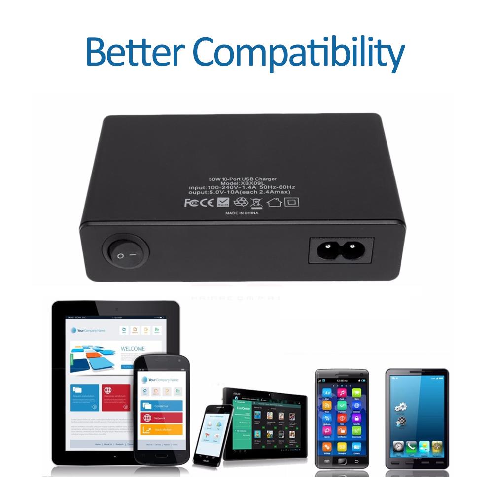 60W USB Charger Station 10 Port Desktop USB Fast Charger for Smart USB Charger for Multiple Devices Smart Phone Tablet Laptop