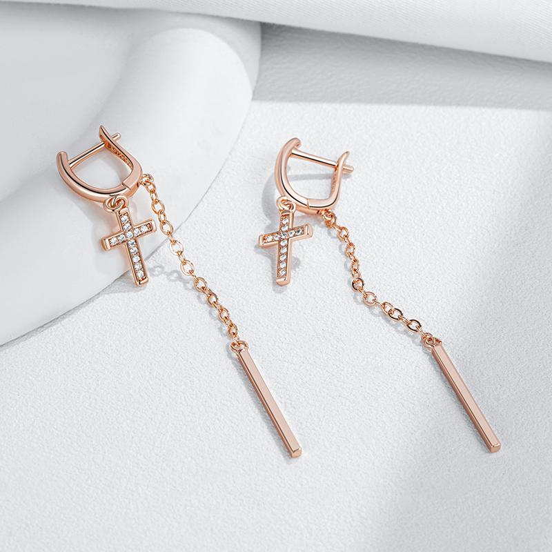 Trendige lange Quaste Kreuz Hängeohrringe für Damen Mode Roségold Farbe Mit Natürlichem Zirkon Feiner Tägliche Schmuckstücke