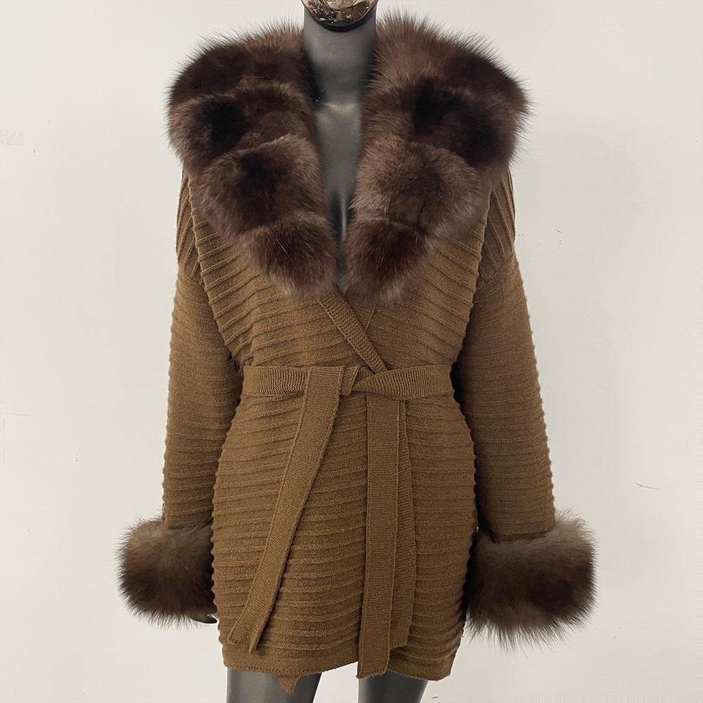 

OFTBUY Осеннее женское мягкое длинное теплое вязаное пальто из настоящего большого лисьего меха с поясом и отложным воротником, повседневная куртка-свитер, свободная женская элегантная длинная