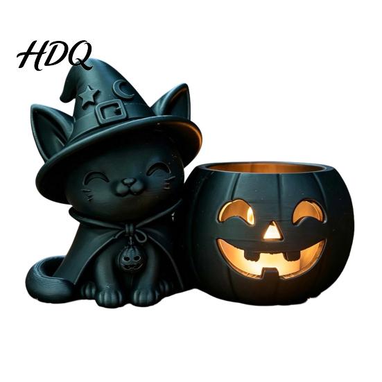 Wizard Cat Candle Stand Halloween Black Pumpkin Candlestick 3D Printed Witch Hollow Light Holder with Tealight Cup Spooky Tabletop Decor for Party