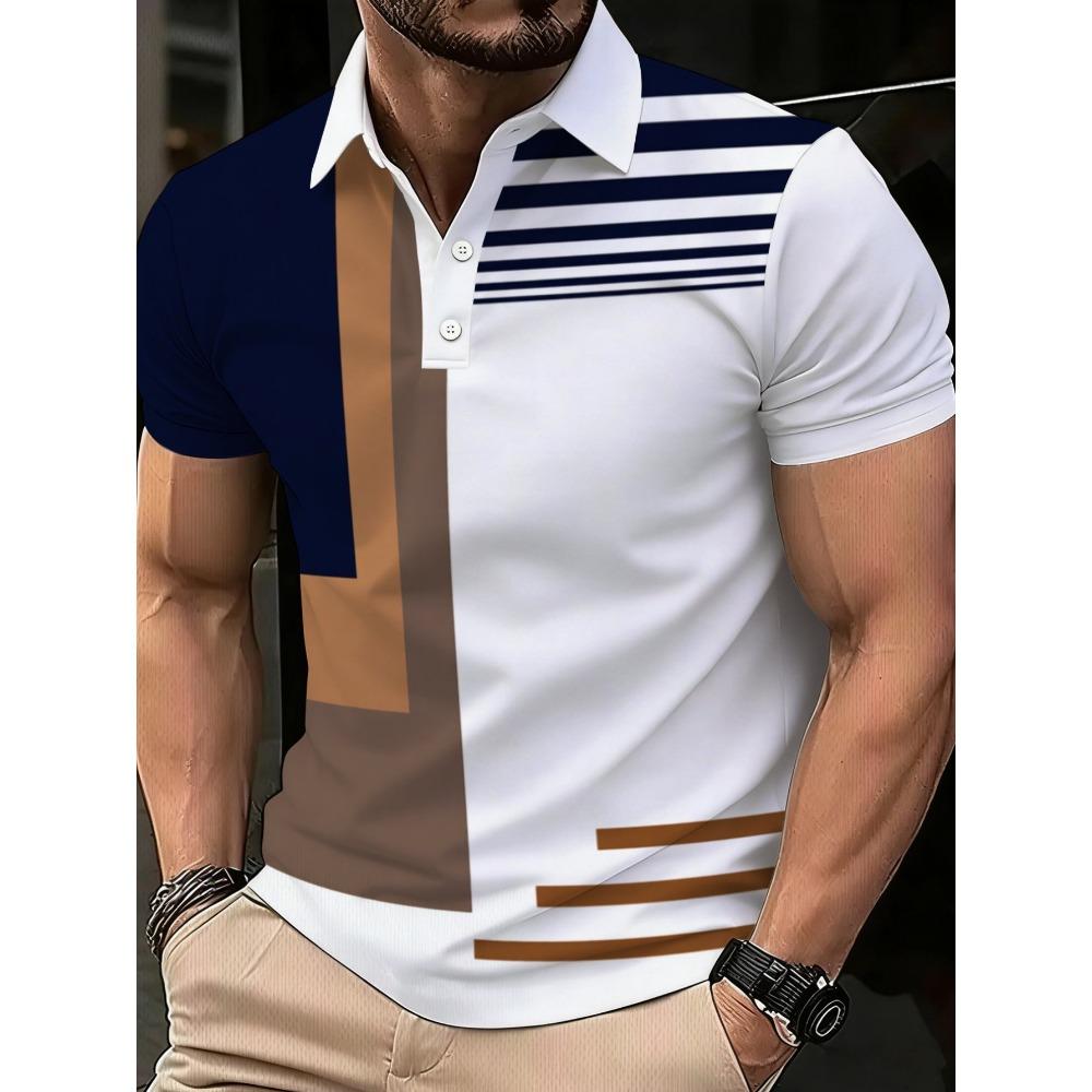 Summer men s short sleeved polo shirt 3D striped pattern print S