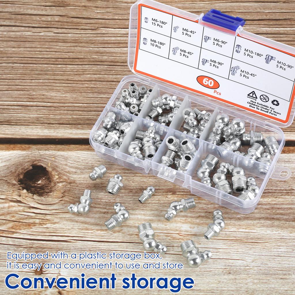 60Pcs Metric Grease Fitting Assortment Straight 45°/90°Angle Galvanized Metal Grease Nipple with Storage Box
