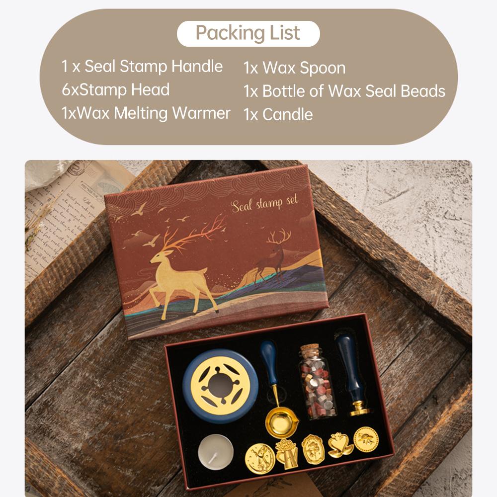 Wax Seal Stamp Kit with 6pcs Seal Stamp and Bottle of Wax Beads Spoon/Candle/Wax Melt Warmer for Christmas Vintage Envelopes Letters Mailing Crafts