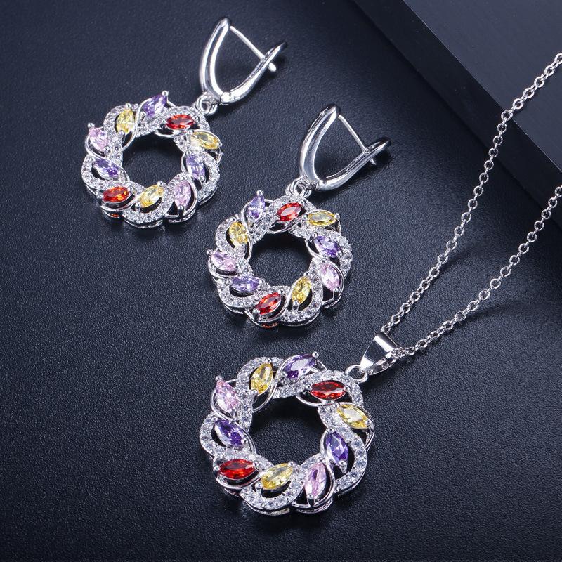 Round Zircon Chain Set, Earring Pendant Two-Piece Set, Color Retention, Multi-Color Optional