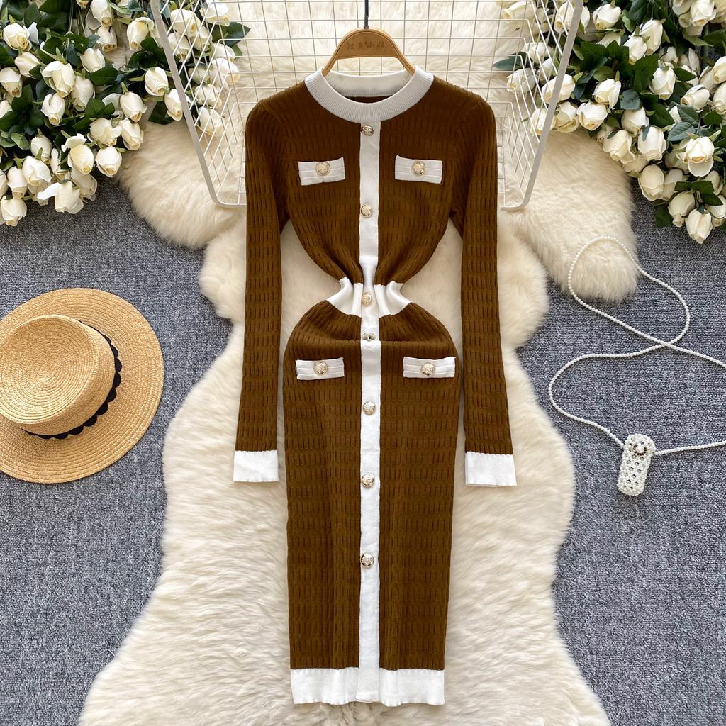 Winter Senior Retro Knitting Dress O Neck Buttons Design France Elegant Skinny Chic Female Autumn Casual Sweater Midi Dress