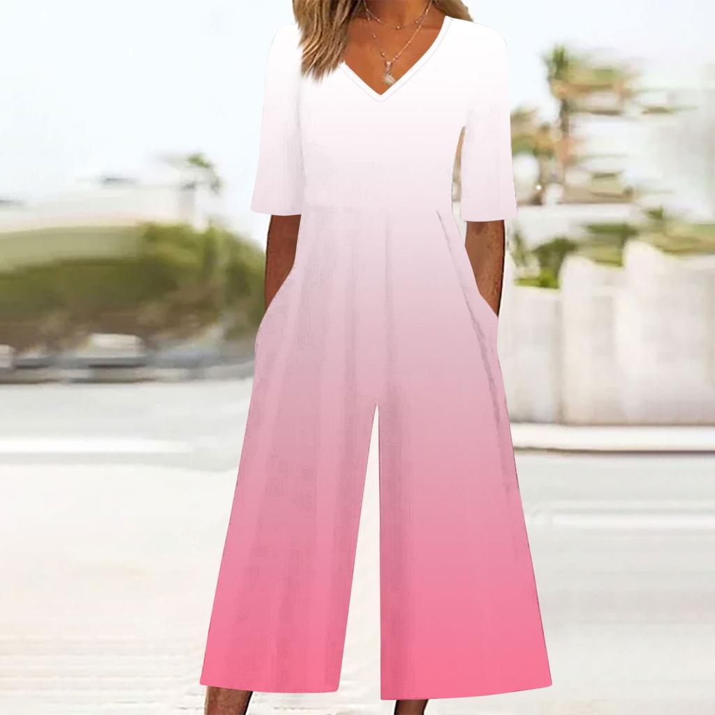 Women's Loose Casual V-Neck Gradient Printed Jumpsuit Slim Fit Wide Leg Jumpsuit