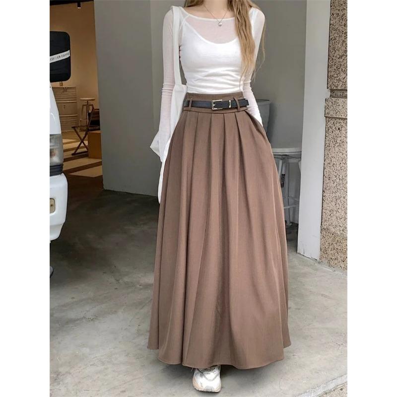Women High Waist Jupe Korean Pleating Swing Skirt Vintage Fashion Spring Office Falda Holiday Loose Solid Long Skirt