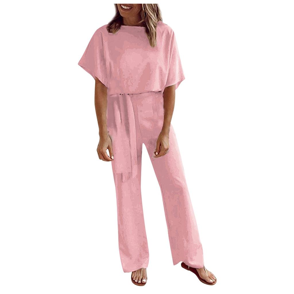 Women Fashion Leisure Solid Color Lace-Up Short Sleeves Female Jumpsuit