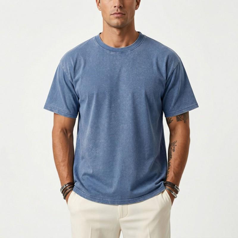 200G Washed Vintage T Shirt Men Loose Fit Cotton Short Sleeve American Style