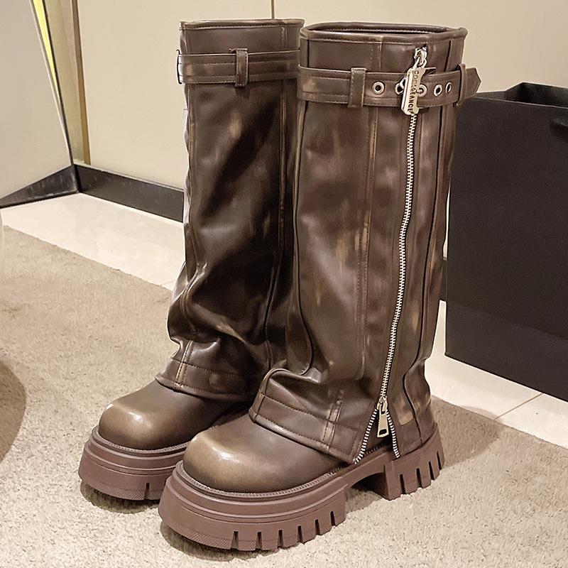 

Женские сапоги до середины икры, на массивном высоком каблуке, на платформе, панк, мотоциклетные, длинные ботильоны, готическая уличная обувь для женщин 37