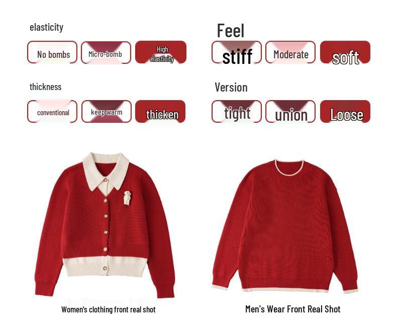 Korean Style Red Parent-Child Sweater: Women's Cardigan & Men's Round Neck Pullover